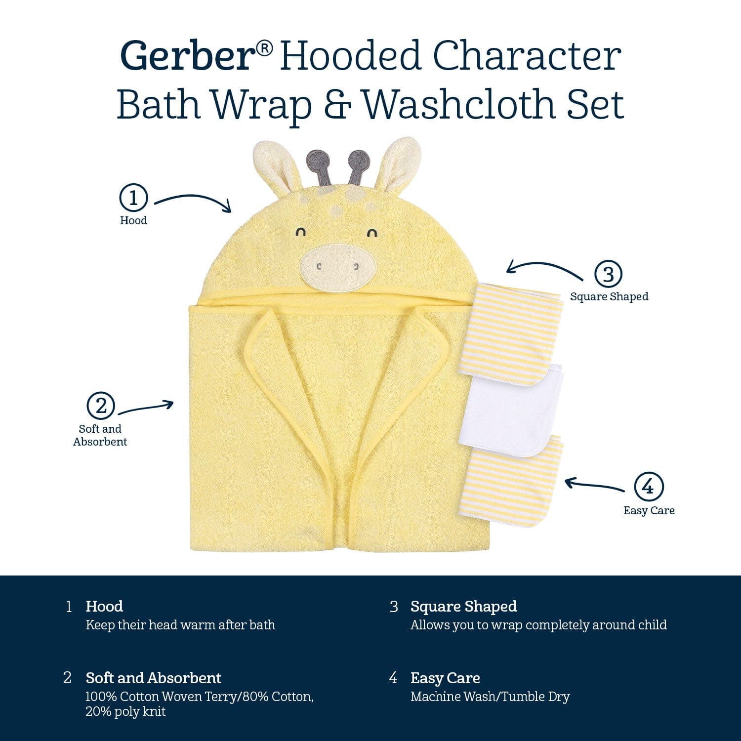 4-Piece Baby Neutral Yellow Giraffe Towel & Washcloths