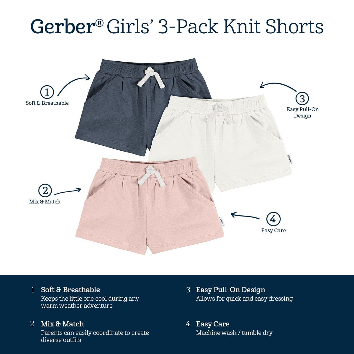 3-Pack Baby & Toddler Girls Pink/White/Navy Knit Short