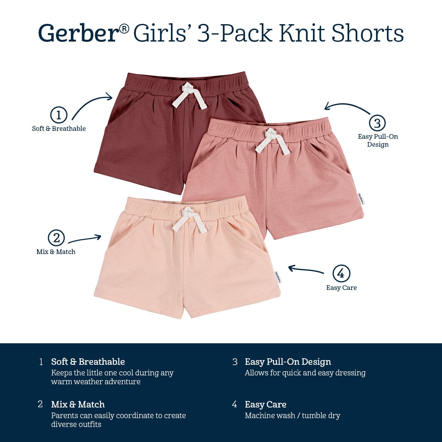 3-Pack Baby & Toddler Girls Dusty Pinks Knit Short