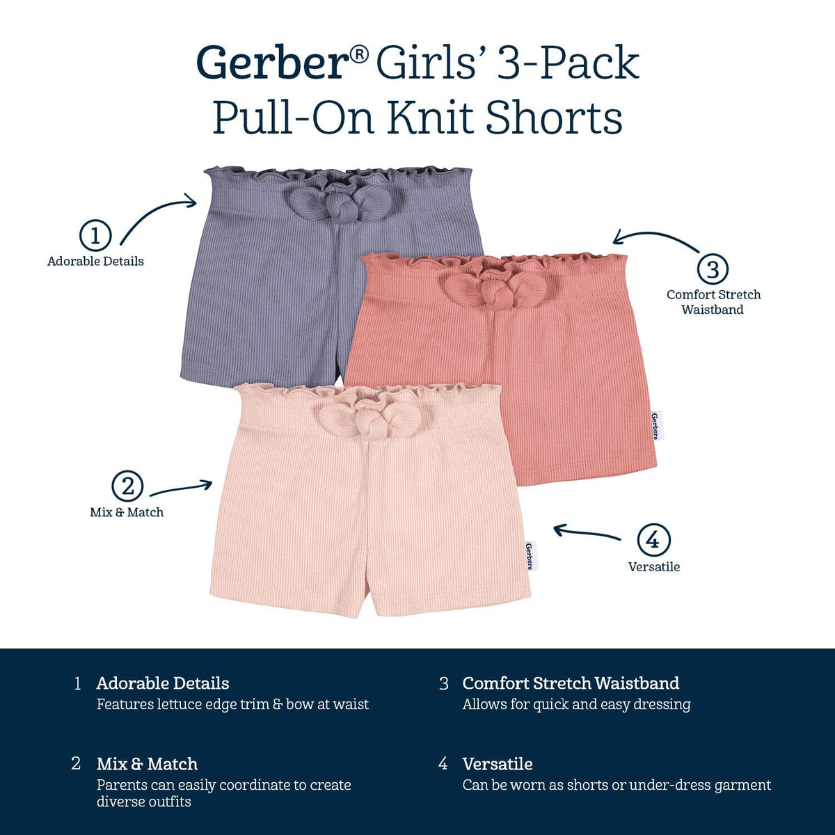 3-Pack Baby & Toddler Girls Pink/Blue Pull-On Knit Short