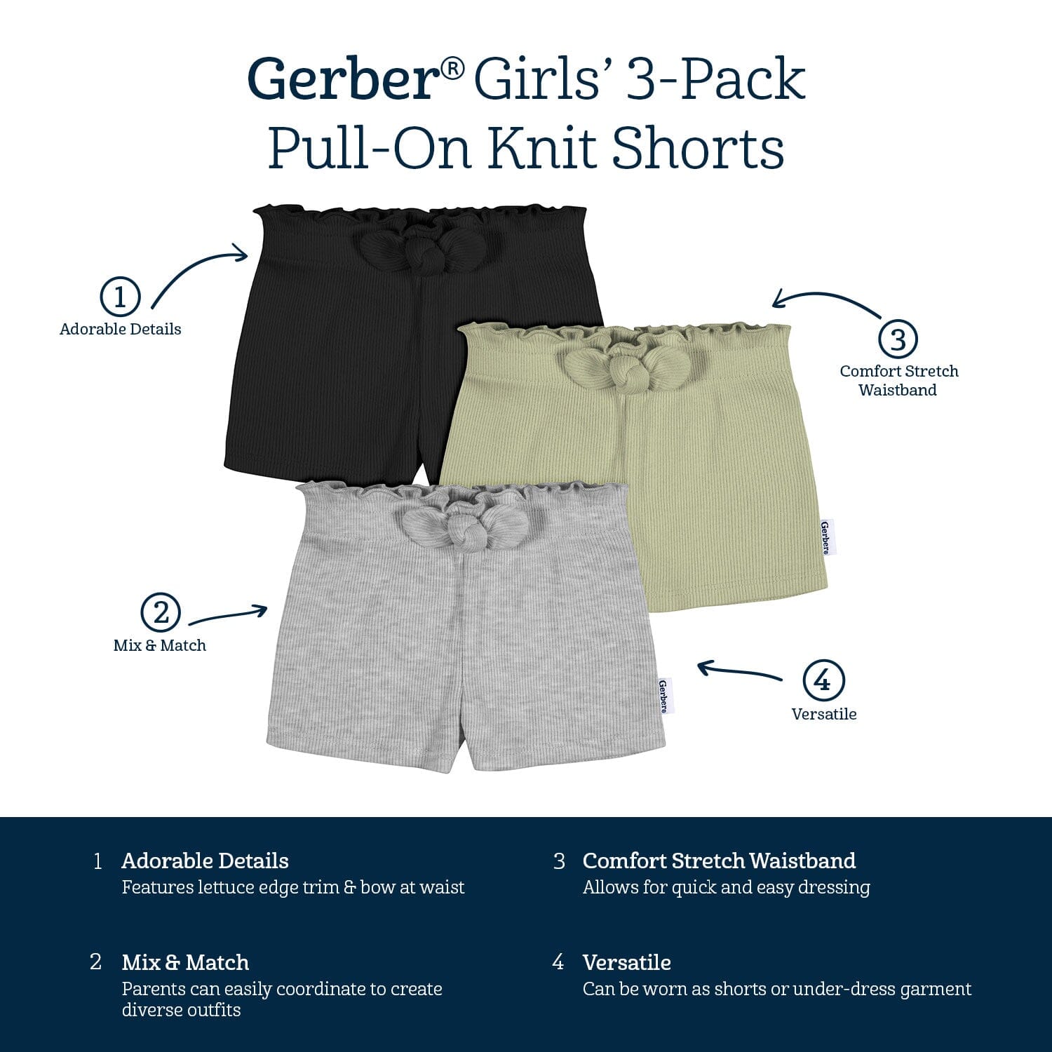 3-Pack Baby & Toddler Girls Grey Heather/Green/Black Pull-On Knit Short