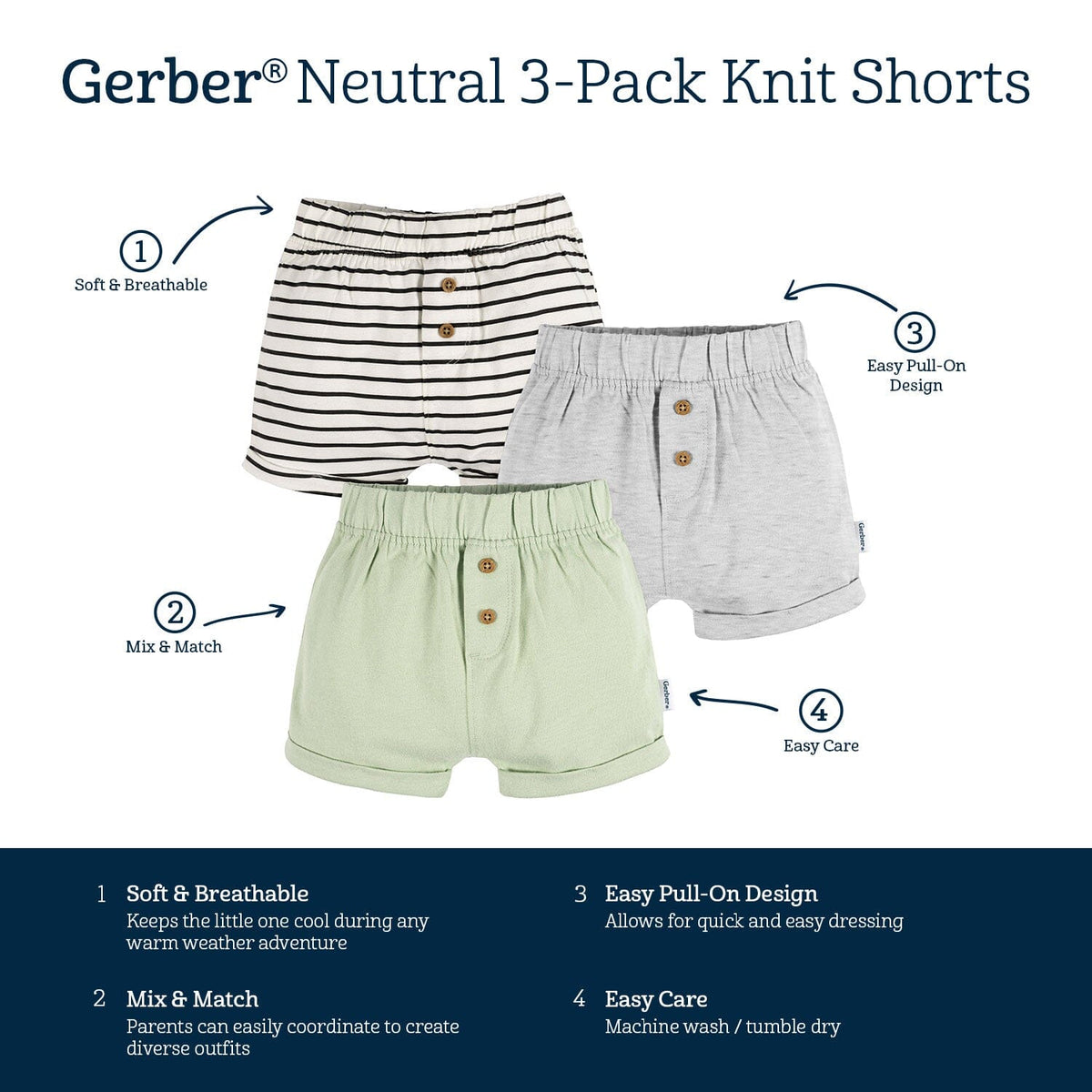 3-Pack Baby Neutral Green/Lt Grey Heather/Stripe Knit Short