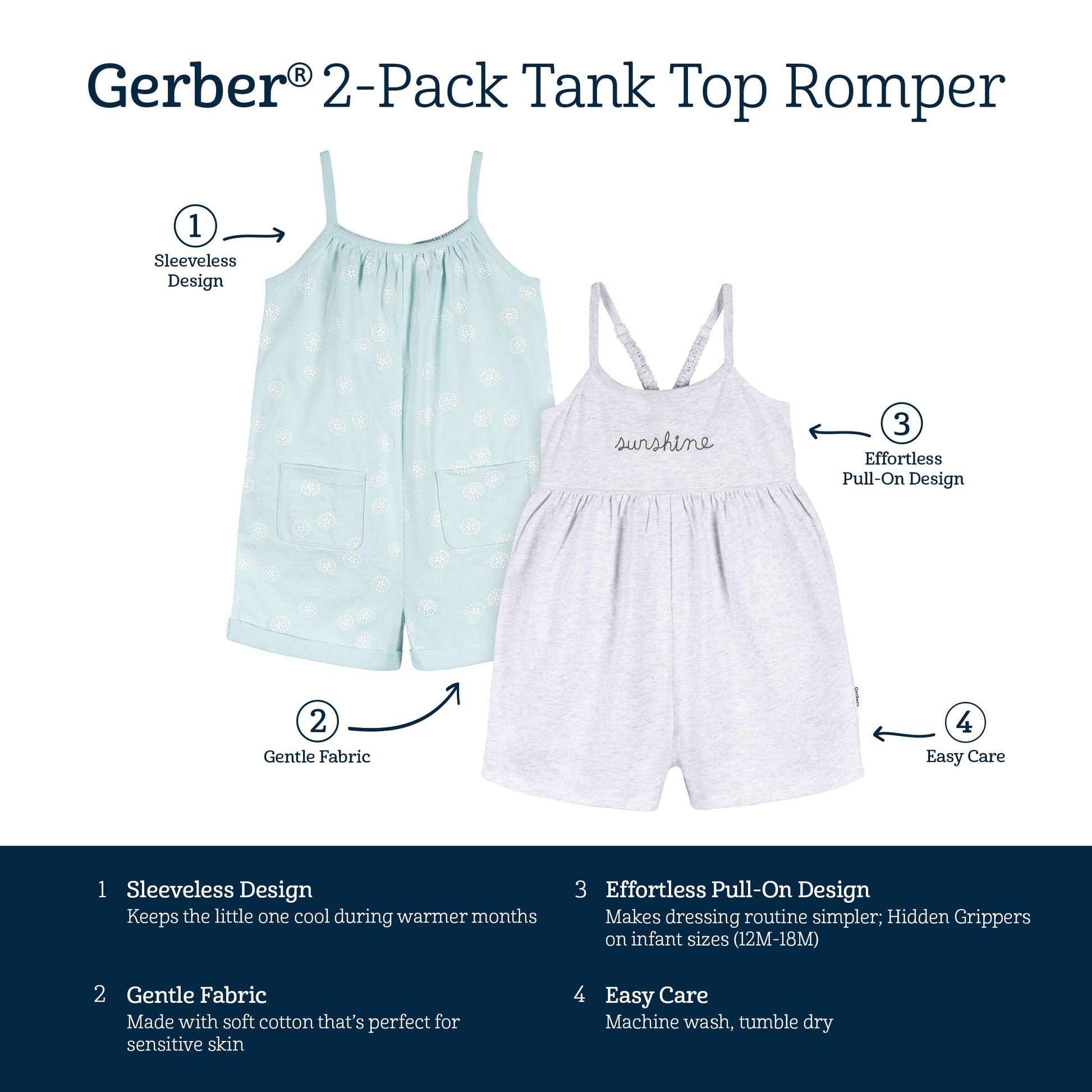 2-Pack Infant and Toddler Girls Light Grey Heather & Sand Dollars Rompers