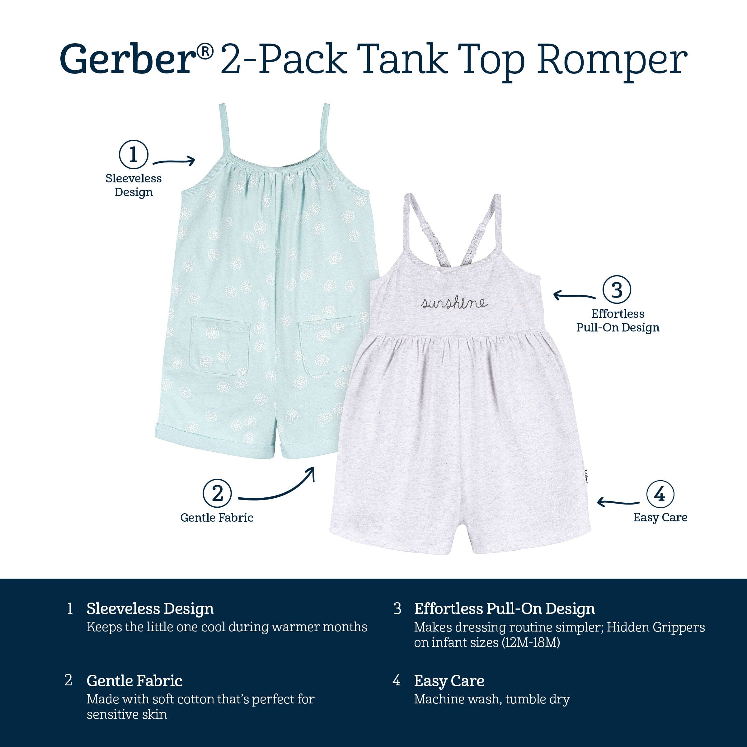 2-Pack Infant and Toddler Girls Light Grey Heather & Sand Dollars Rompers