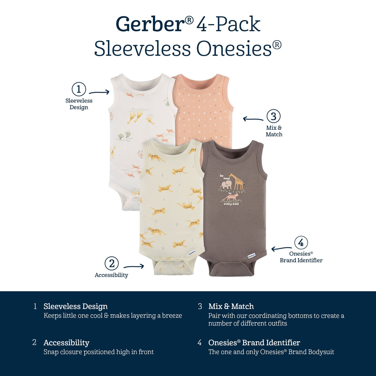 4-Pack Baby Neutral Ivory Safari Sleeveless Onesies® Bodysuits onesies Gerber® 