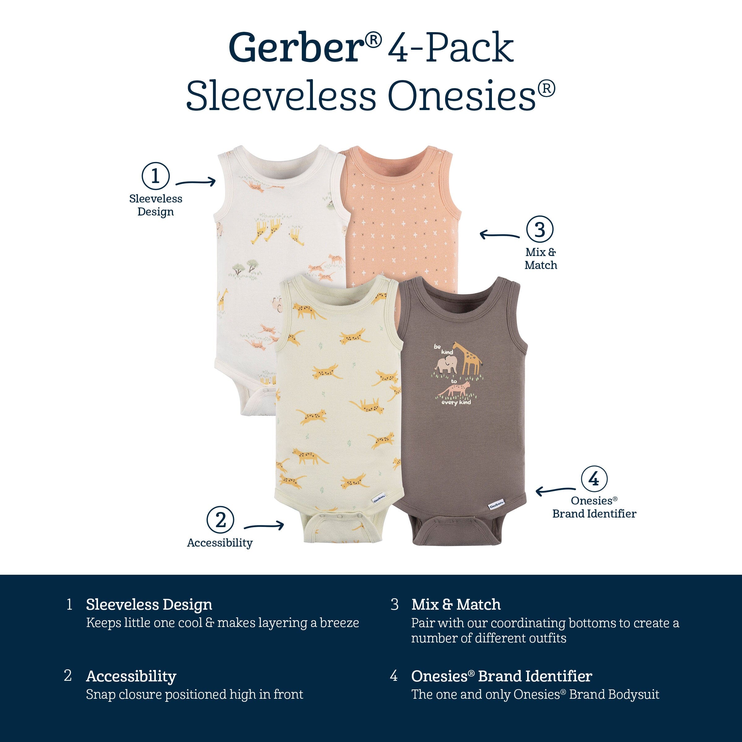 4-Pack Baby Neutral Ivory Safari Sleeveless Onesies® Bodysuits onesies Gerber® 
