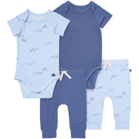 4-Piece Baby Boys Light Blue Whale Viscose Bodysuits and Pants Set