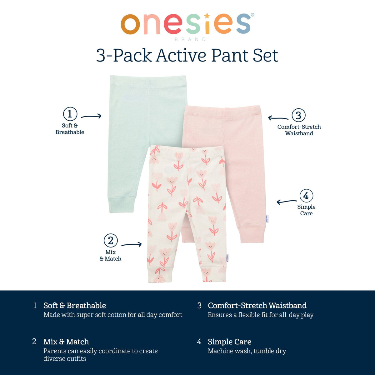 3-Pack Baby Girls Flowers Active Pants Pants & Bottoms Gerber® 