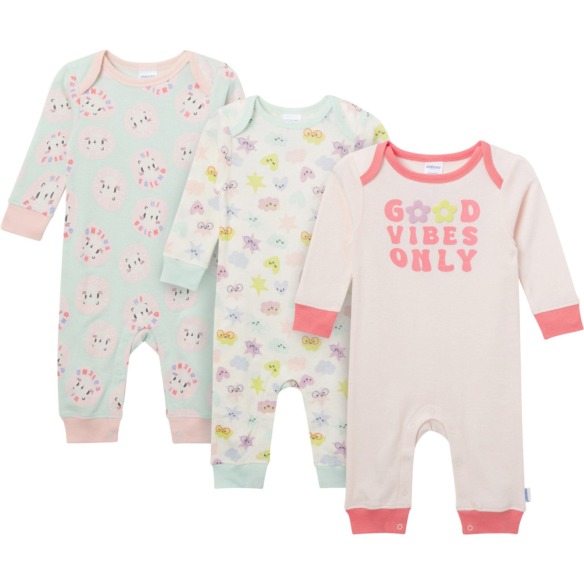 3-Pack Baby Girls Good Vibes Lap Shoulder Footless Pajamas sleepwear Gerber® 
