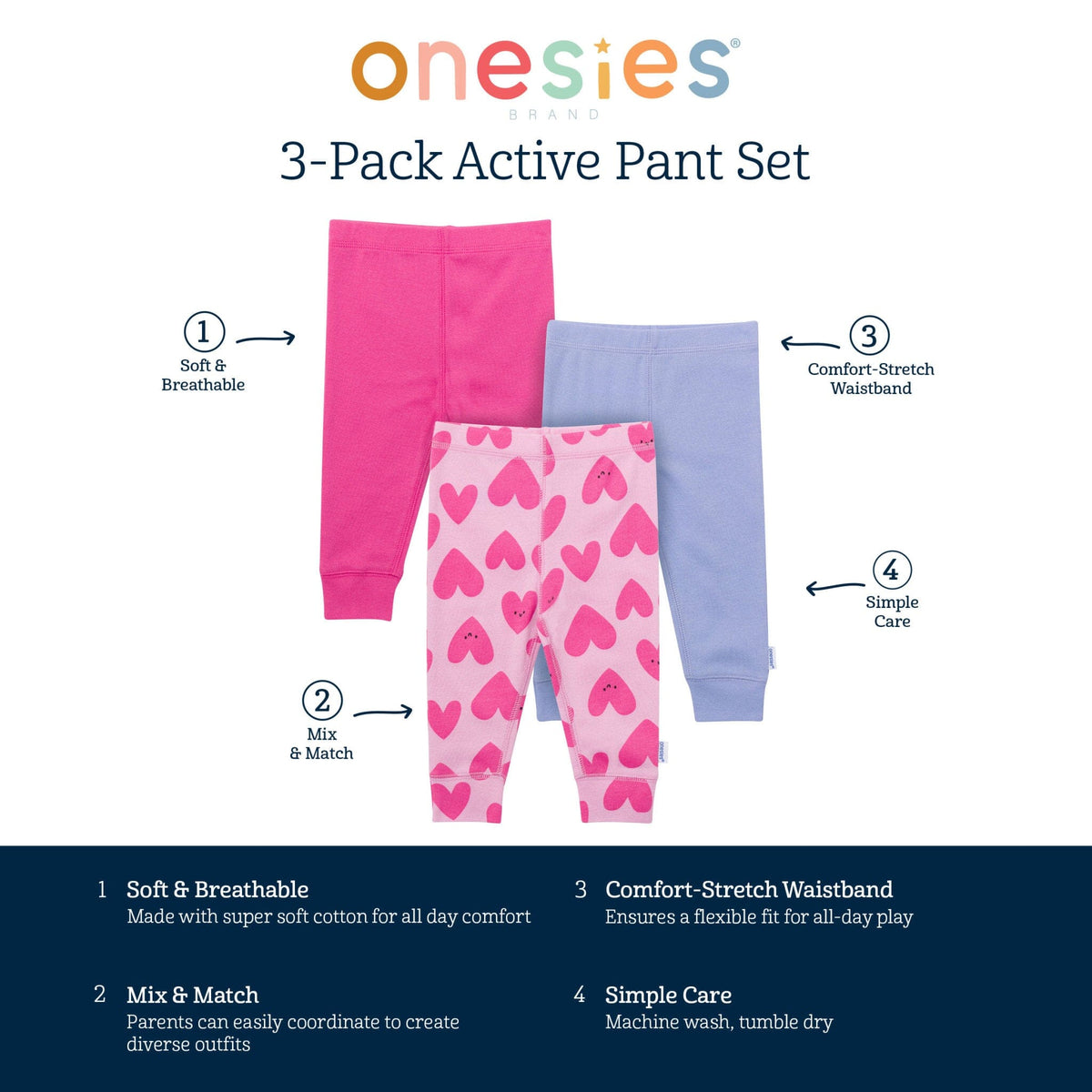 3-Pack Baby Girls Hearts Active Pants Pants & Bottoms Gerber® 