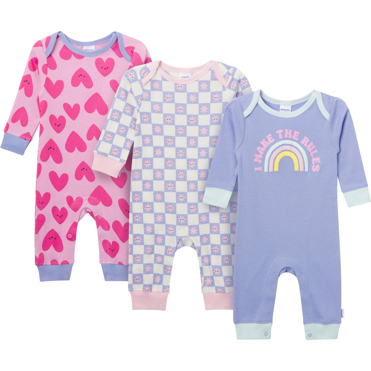 3-Pack Baby Girls Rainbows and Hearts Lap Shoulder Footless Pajamas sleepwear Gerber® 