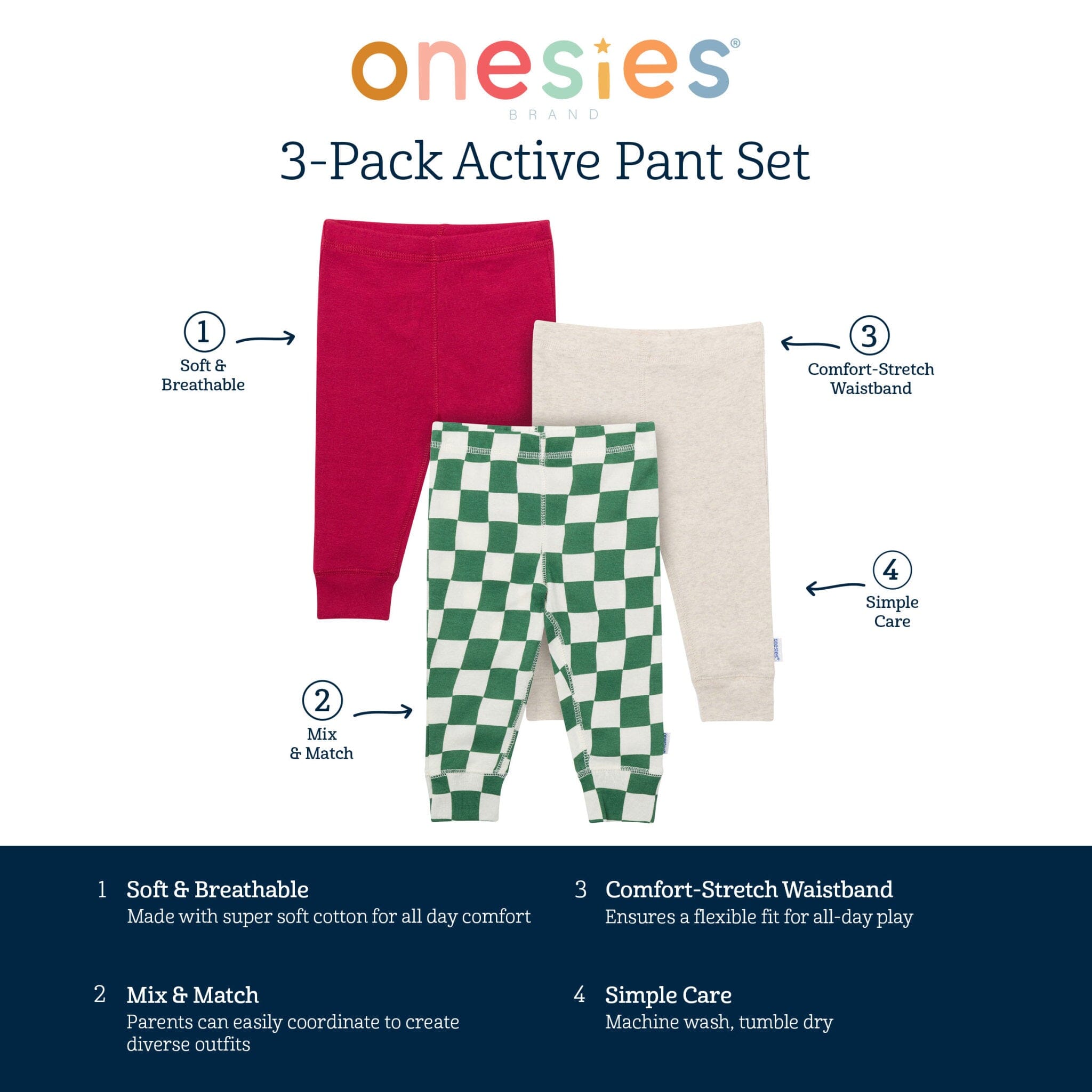 3-Pack Baby Neutral Green Checkers Active Pants Pants & Bottoms Gerber® 