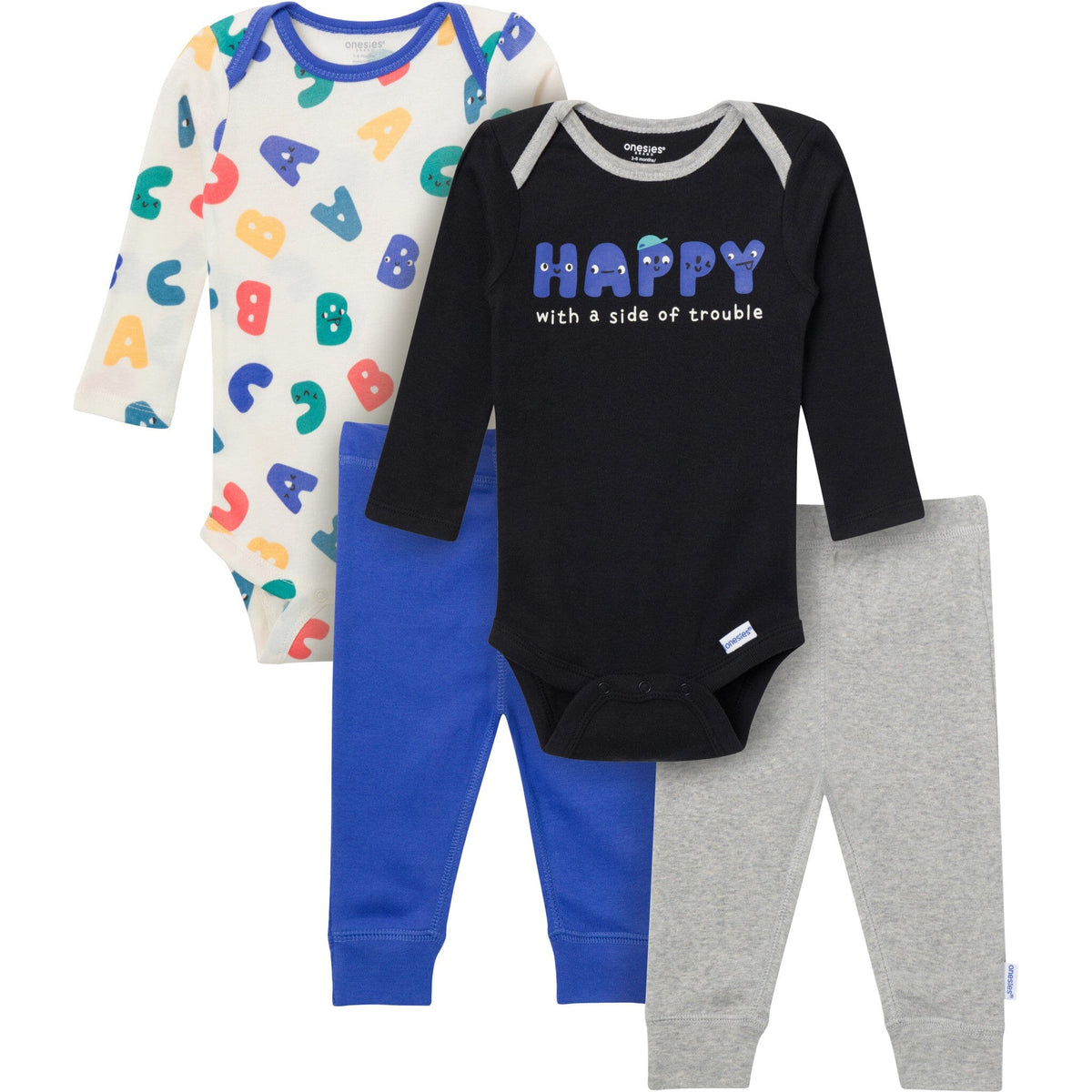 4-Piece Baby Boys Happy Letters Onesies® Bodysuits and Pants outfits Gerber® 