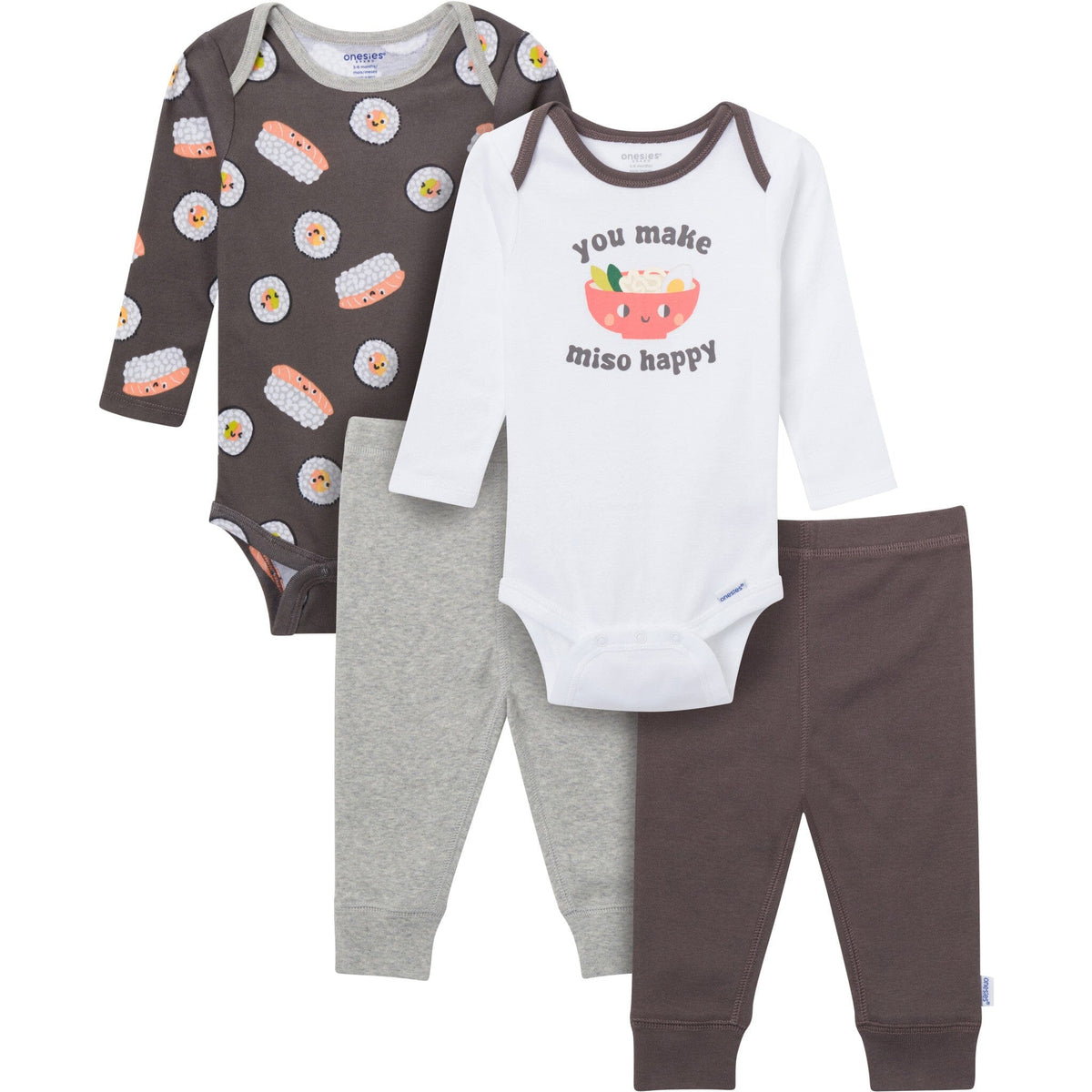 4-Piece Baby Neutral Miso Happy Onesies® Bodysuits and Pants outfits Gerber® 