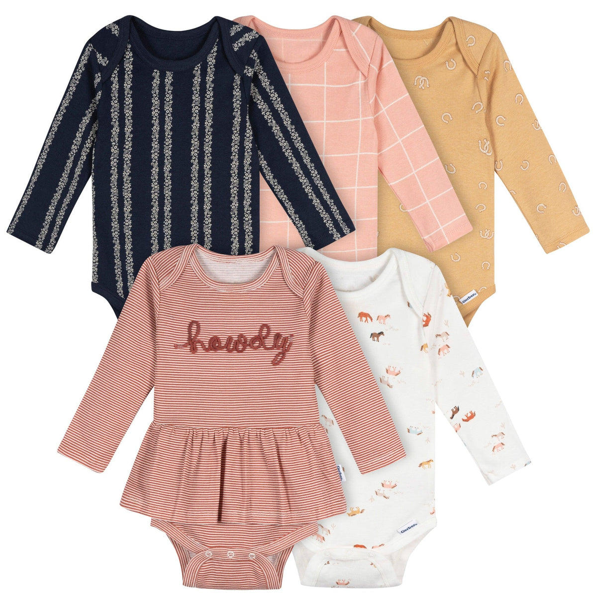 5-Pack Baby Girls Horses Long Sleeve Bodysuits Onesies Bodysuits Gerber® 
