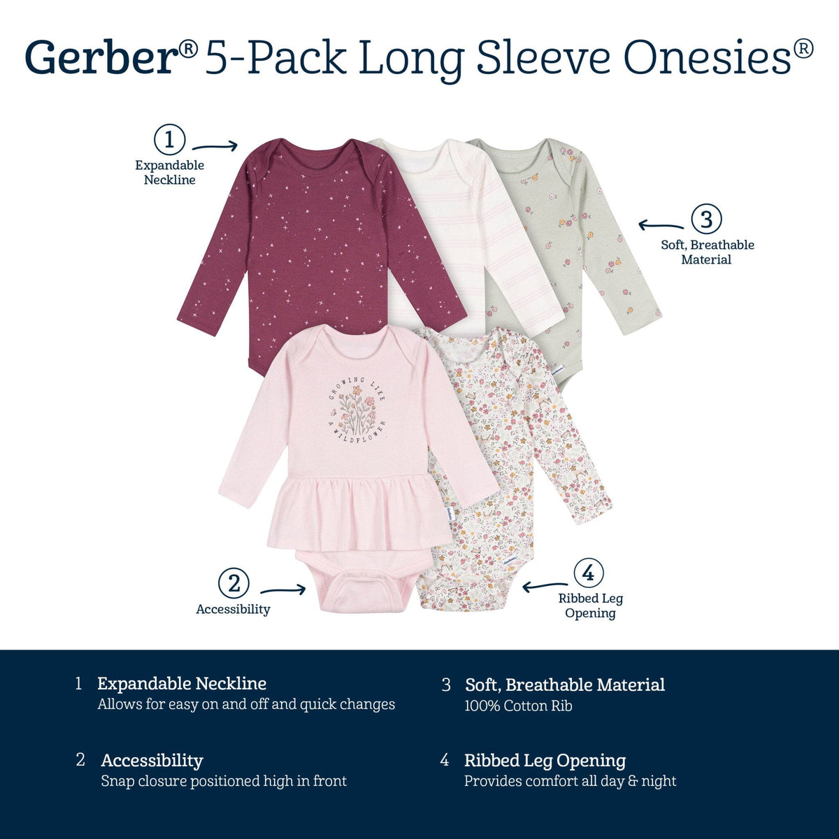 5-Pack Baby Girls Flowers Long Sleeve Bodysuits Onesies Bodysuits Gerber® 