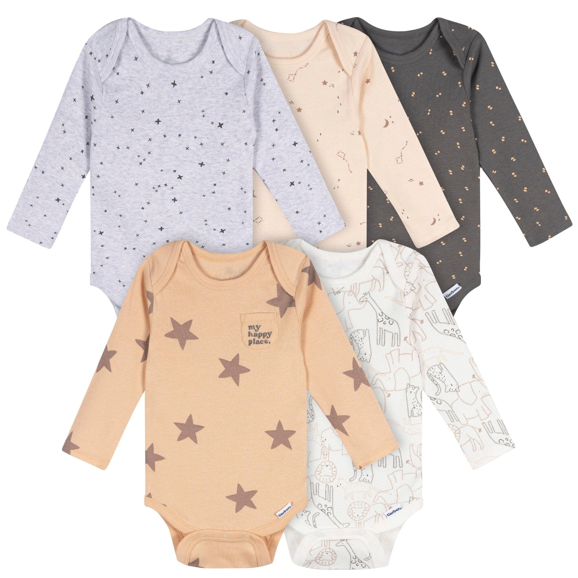 5-Pack Baby Neutral Tan Stars Long Sleeve Bodysuits Onesies Bodysuits Gerber® 