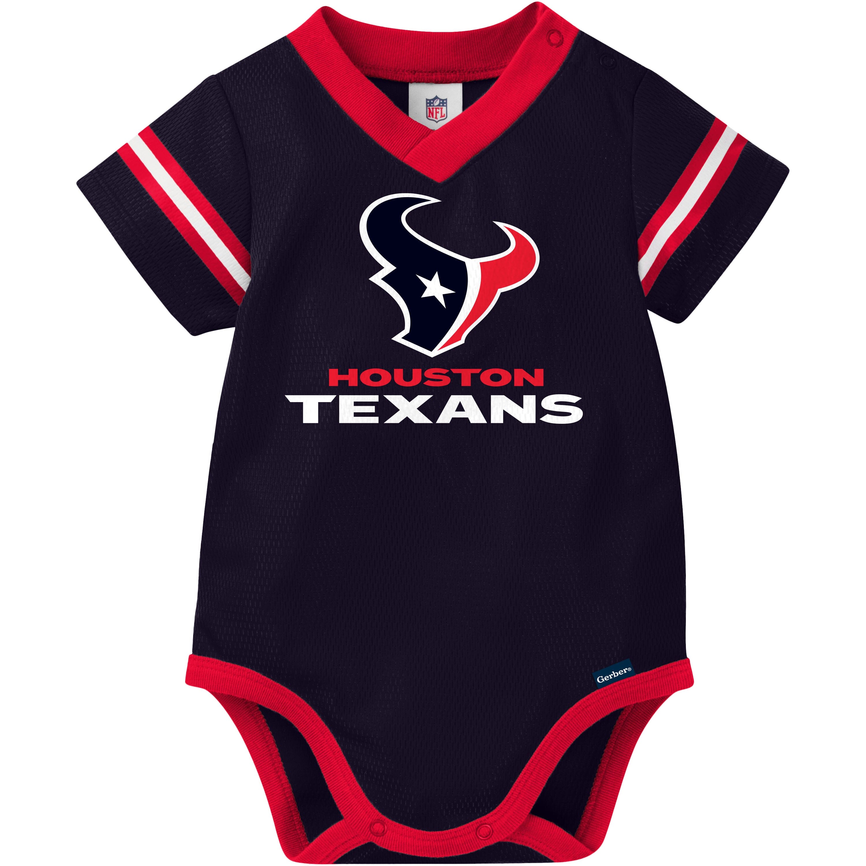 Houston Texans baby bodysuit with team logo on a white background