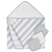 A baby gift set featuring a hooded wrap blanket with light blue and white diagonal stripes, accompanied by two folded light blue cotton muslin cloths and a small folded white cloth, all displayed on a clean white background.