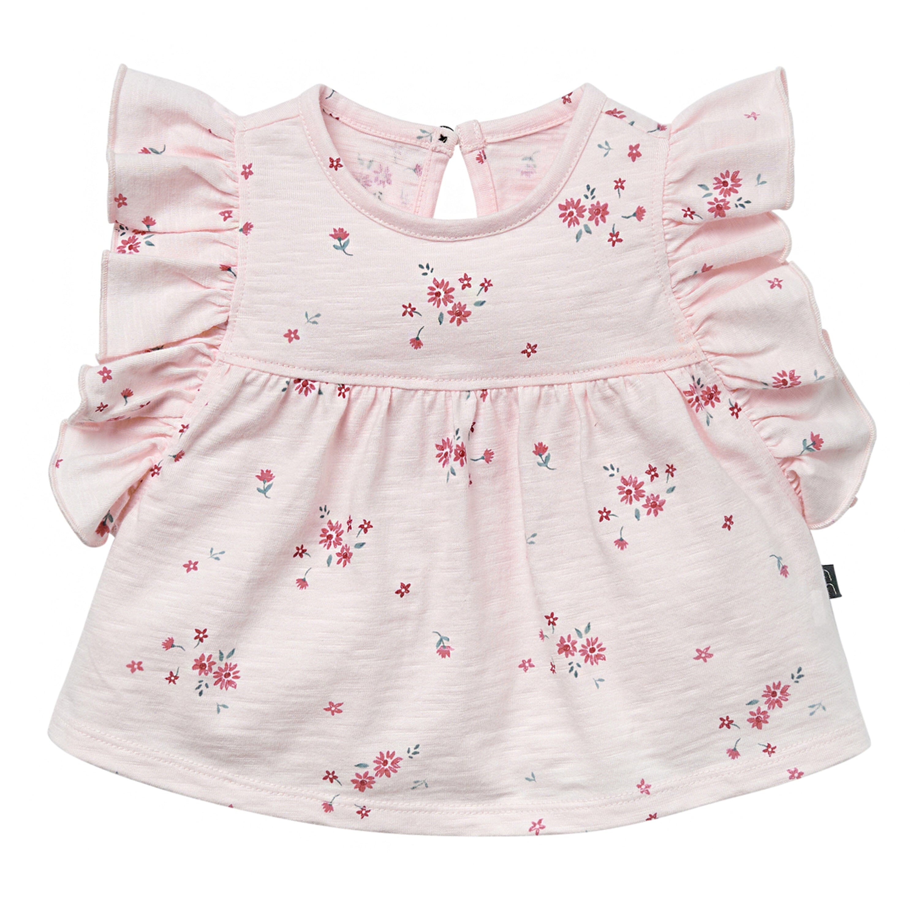 2-Piece Baby Girl Light Pink Floral Ruffled Sleeve Top & Cuffed Shorts Bundle outfits Gerber Childrenswear 