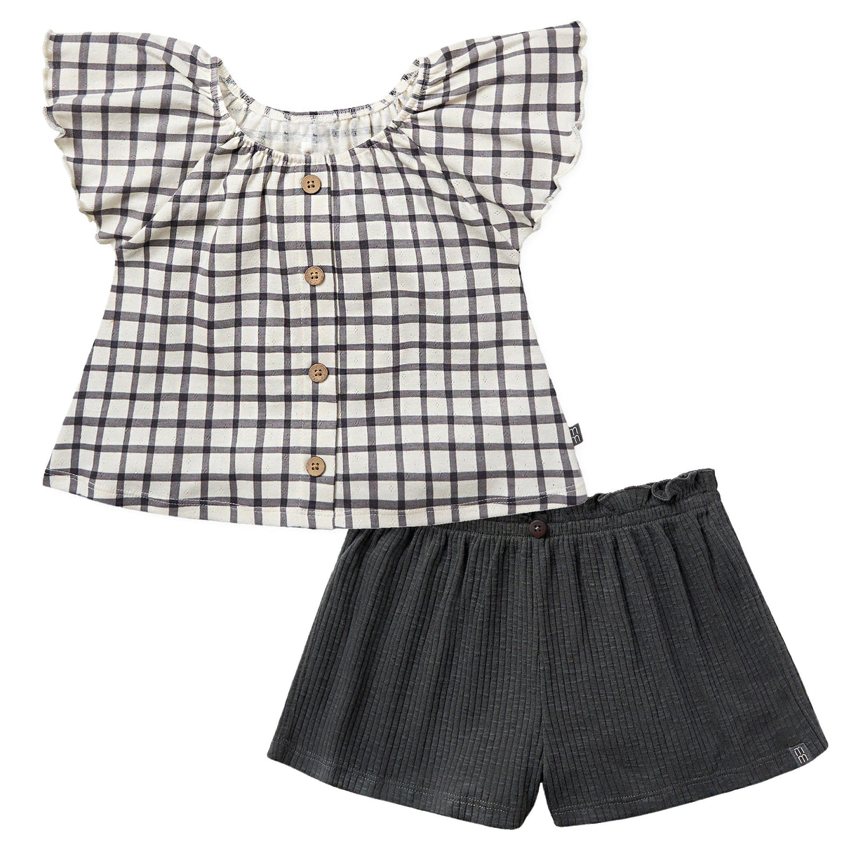 2-Piece Infant & Toddler Girls Dark Grey Plaid Ruffled Sleeve Top & Wide Leg Shorts Bundle outfits Modern Moments™ by Gerber® 