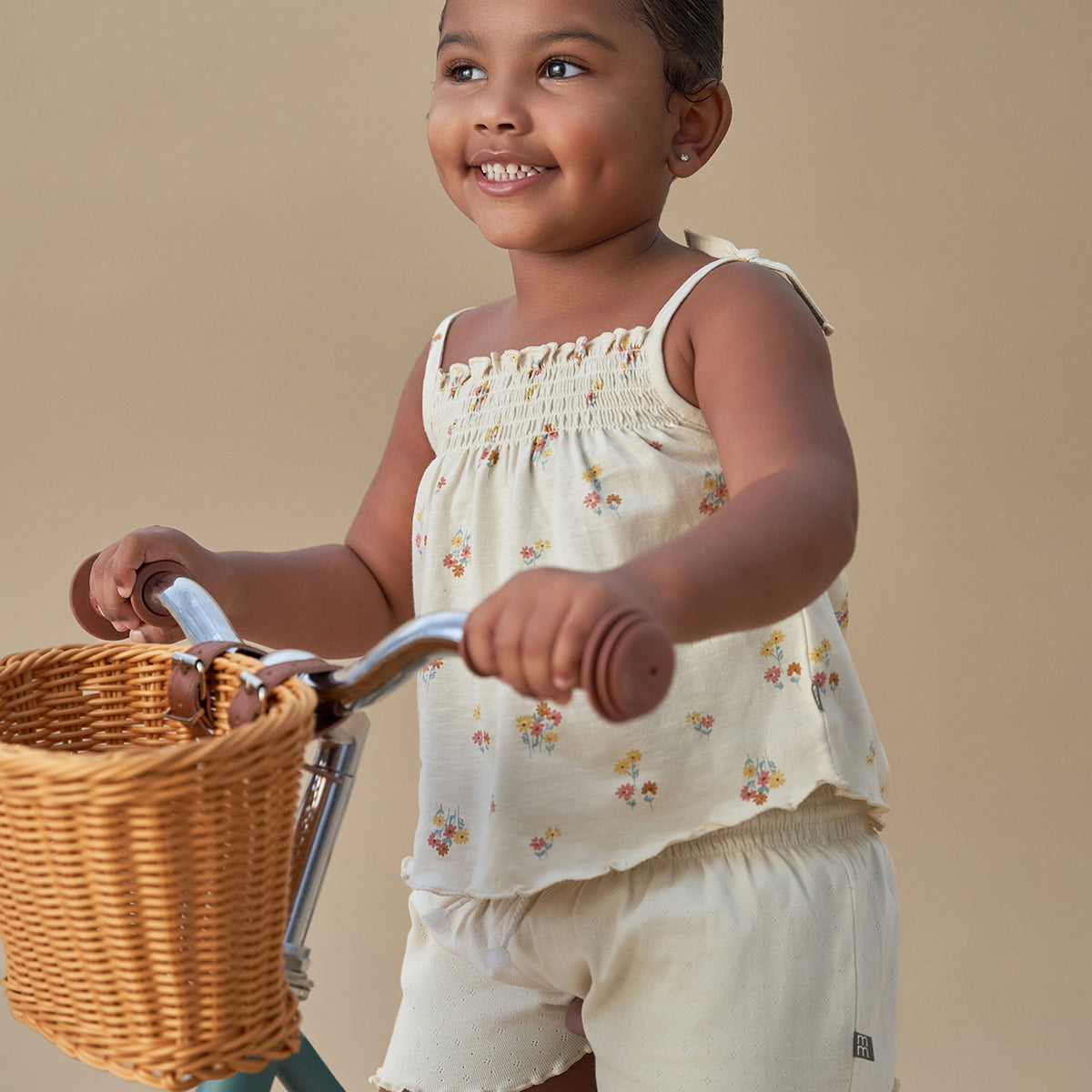 2-Piece Infant & Toddler Girls Beige Flowers Smocked Sleeveless Top & Wide Leg Shorts Bundle outfits Modern Moments™ by Gerber® 