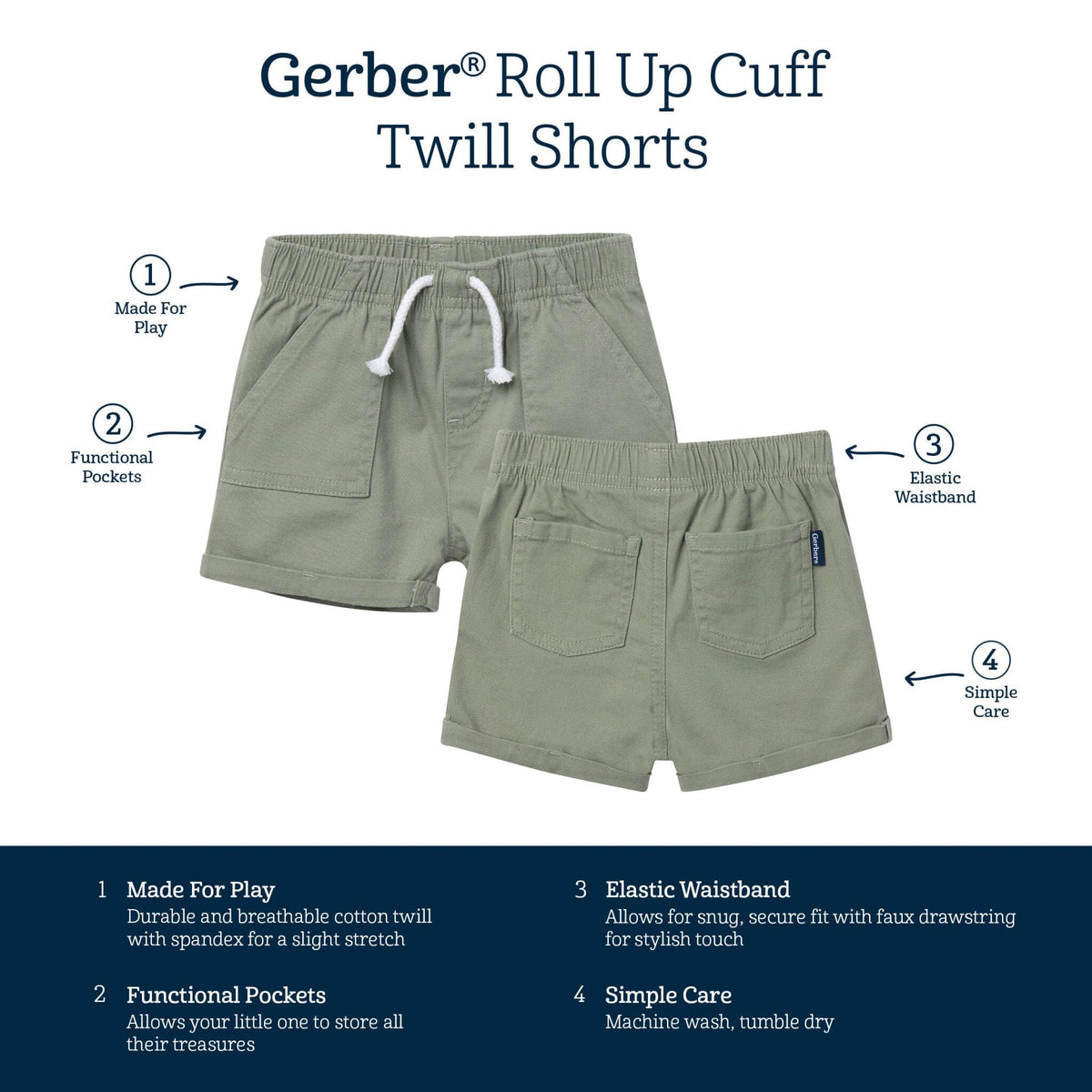 Baby & Toddler Girls Olive Stretch Twill Shorts Pants & Bottoms Gerber® 
