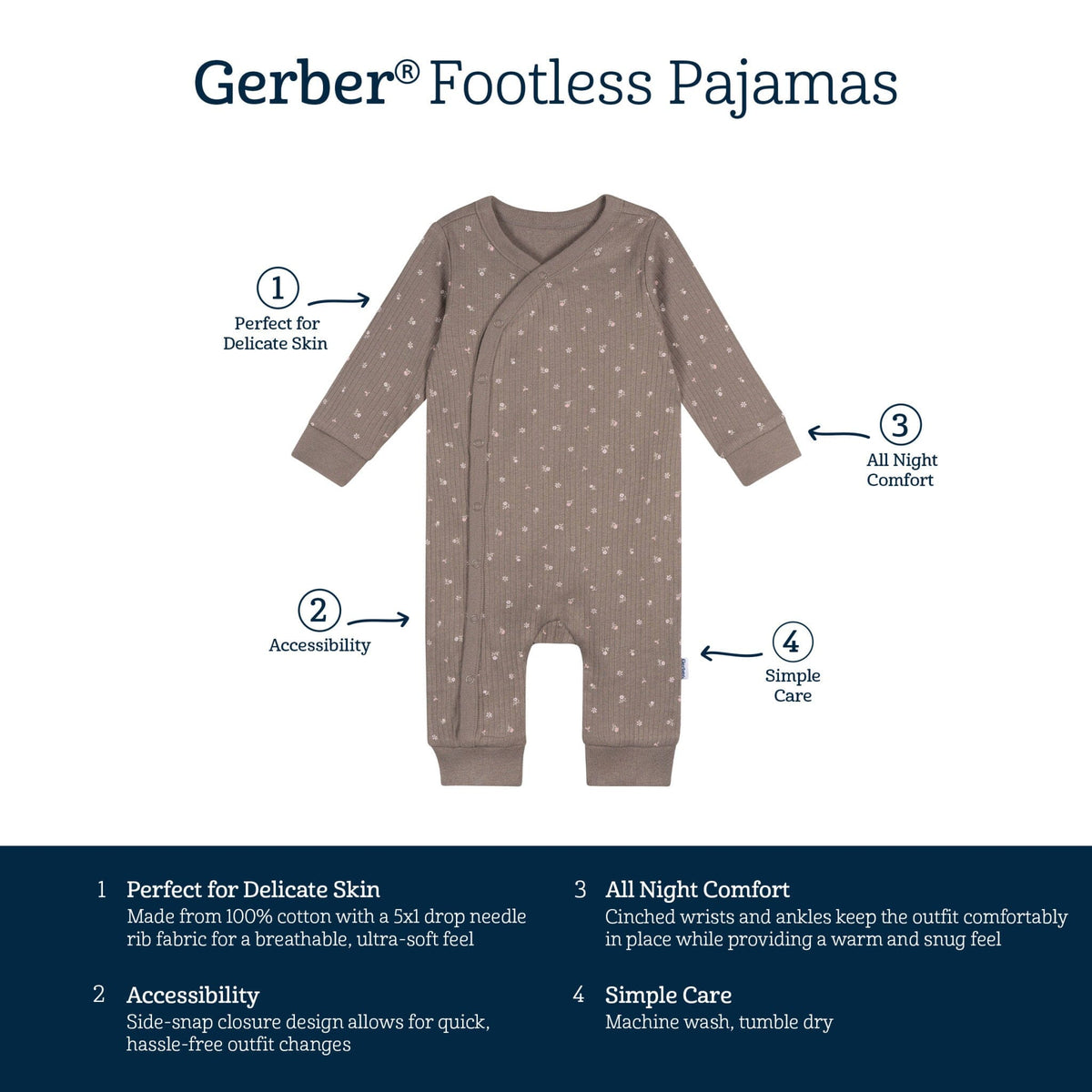 Baby Girls Brown Flowers Footless Pajamas Sleepwear Gerber® 