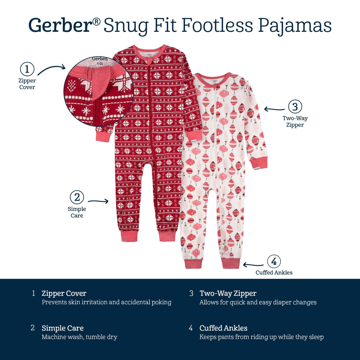 2-Pack Infant & Toddler Girls Ornaments Snug Fit Footless Pajamas sleepwear Gerber® 