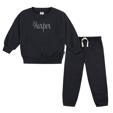 Embroidered 2-Piece Infant & Toddler Neutral Black Sweatshirt & Pant Set