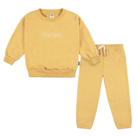 Embroidered 2-Piece Infant & Toddler Neutral Yellow Sweatshirt & Pant Set