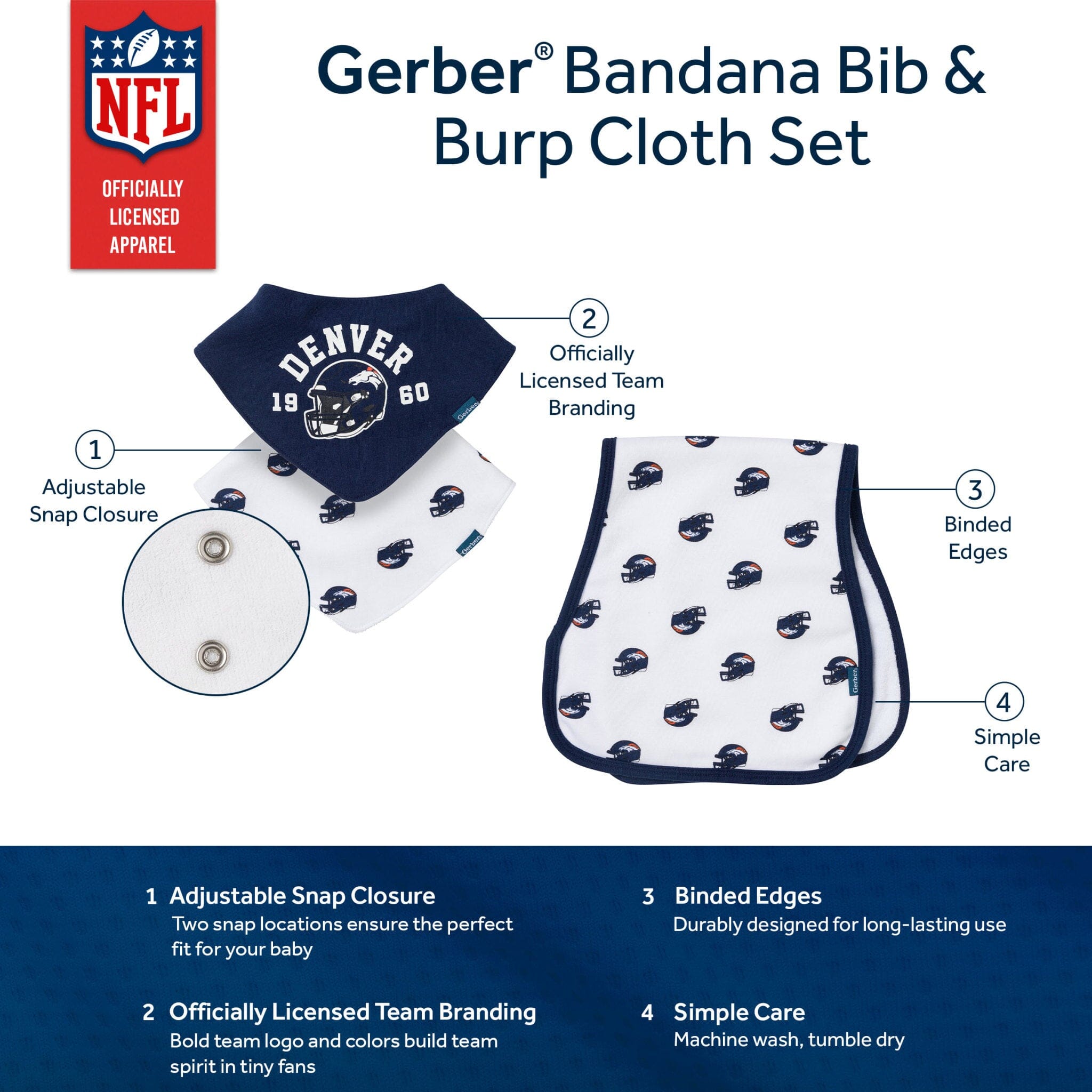 3-Piece Baby Denver Broncos Bibs and Burp Cloth Set NFL NFL 