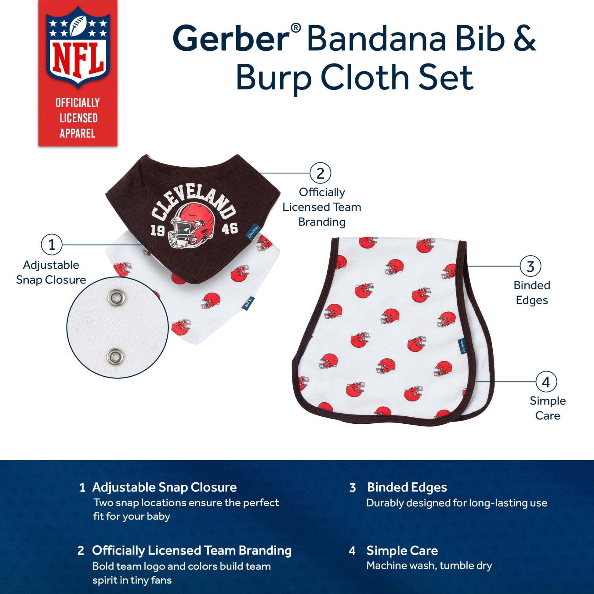 3-Piece Baby Cleveland Browns Bibs and Burp Cloth Set NFL NFL 