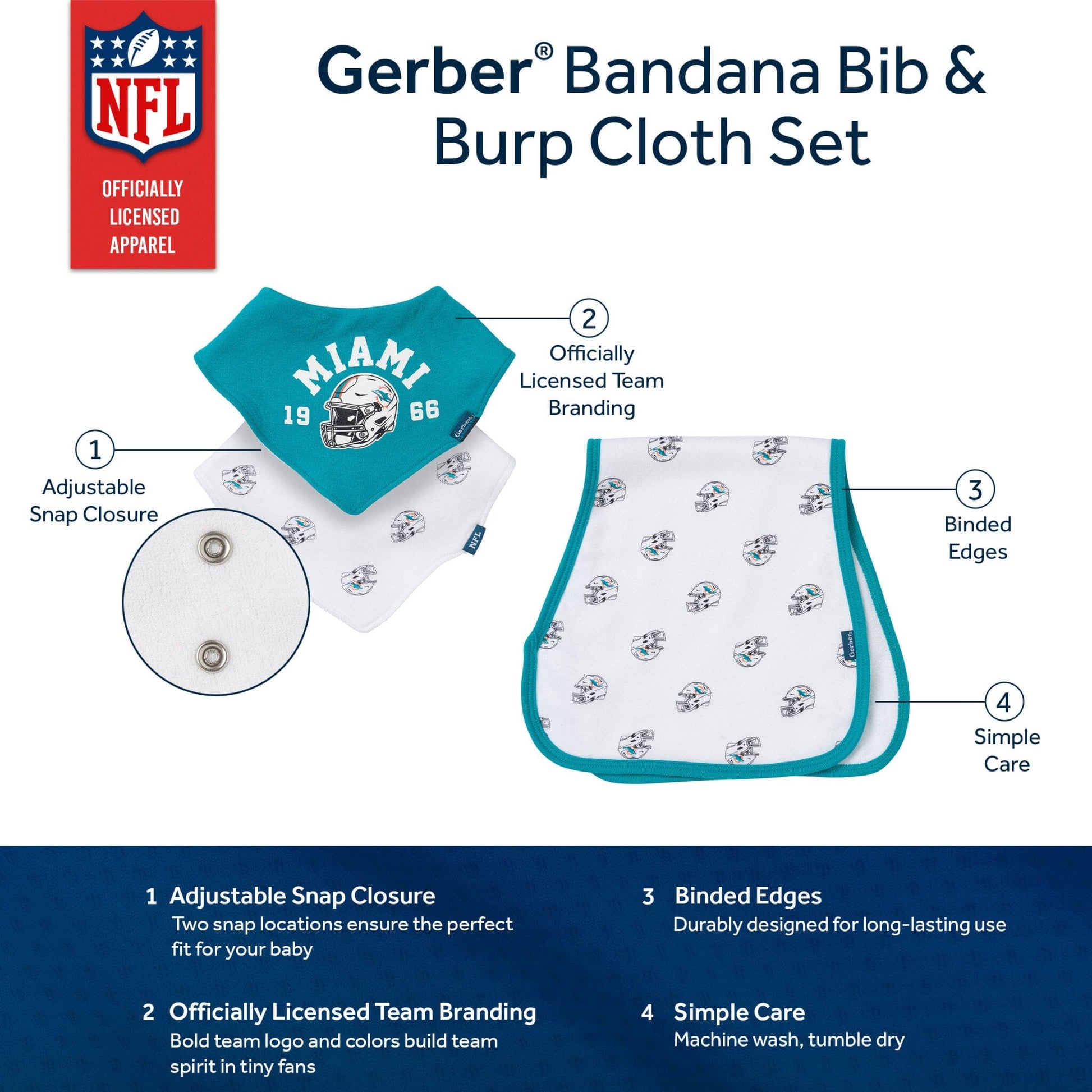 3-Piece Baby Miami Dolphins Bibs and Burp Cloth Set NFL NFL 
