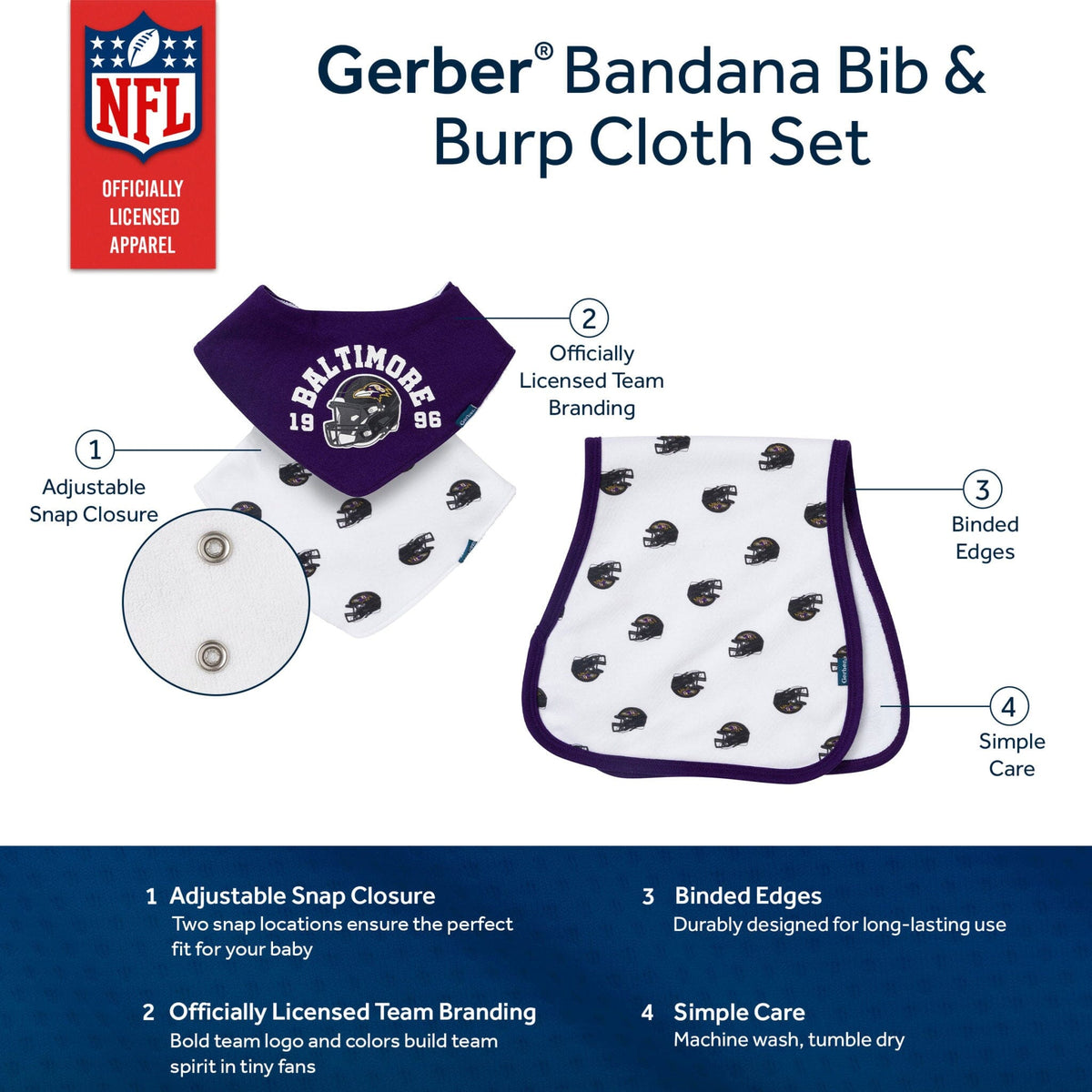 3-Piece Baby Baltimore Ravens Bibs and Burp Cloth Set NFL NFL 
