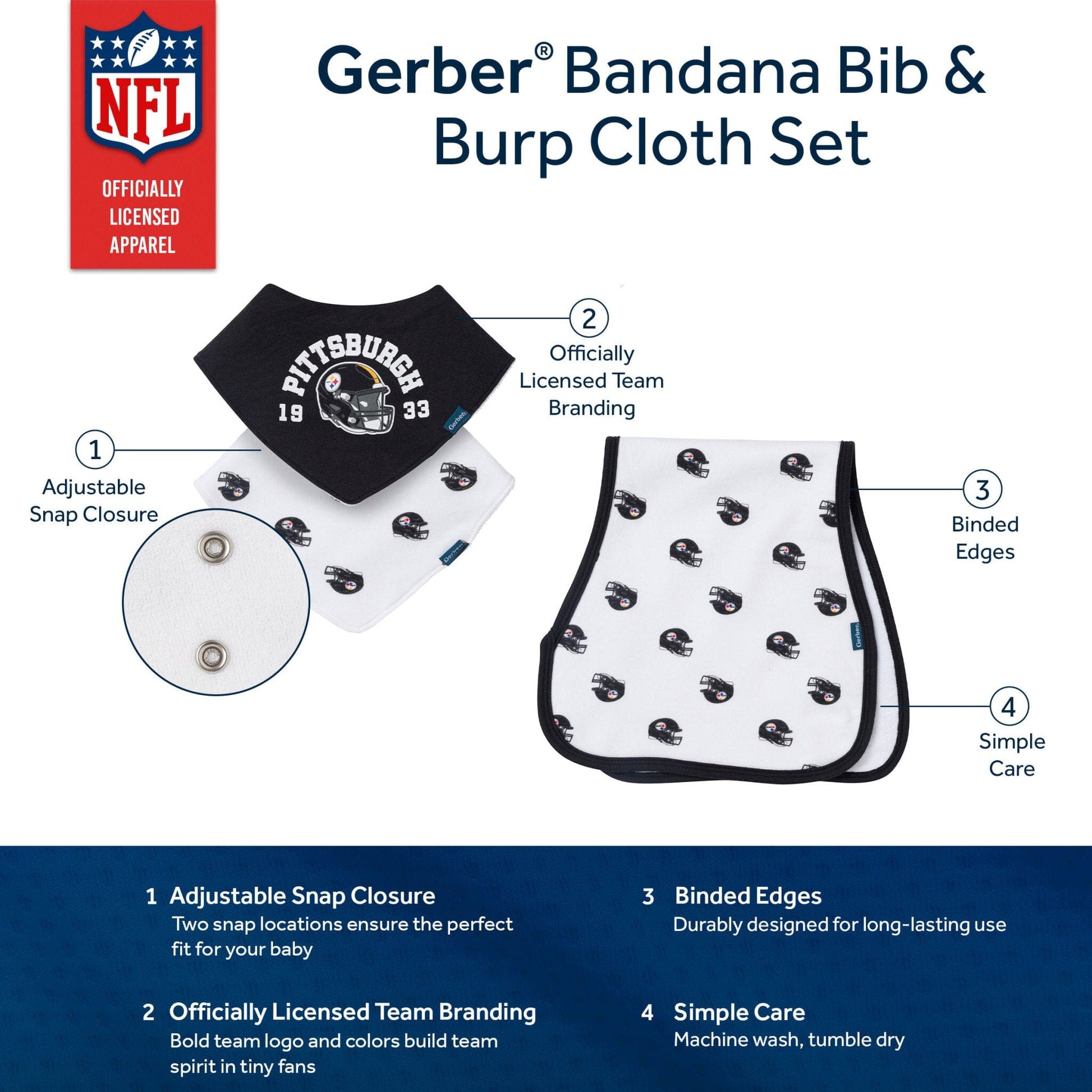 3-Piece Baby Pittsburgh Steelers Bibs and Burp Cloth Set NFL NFL 