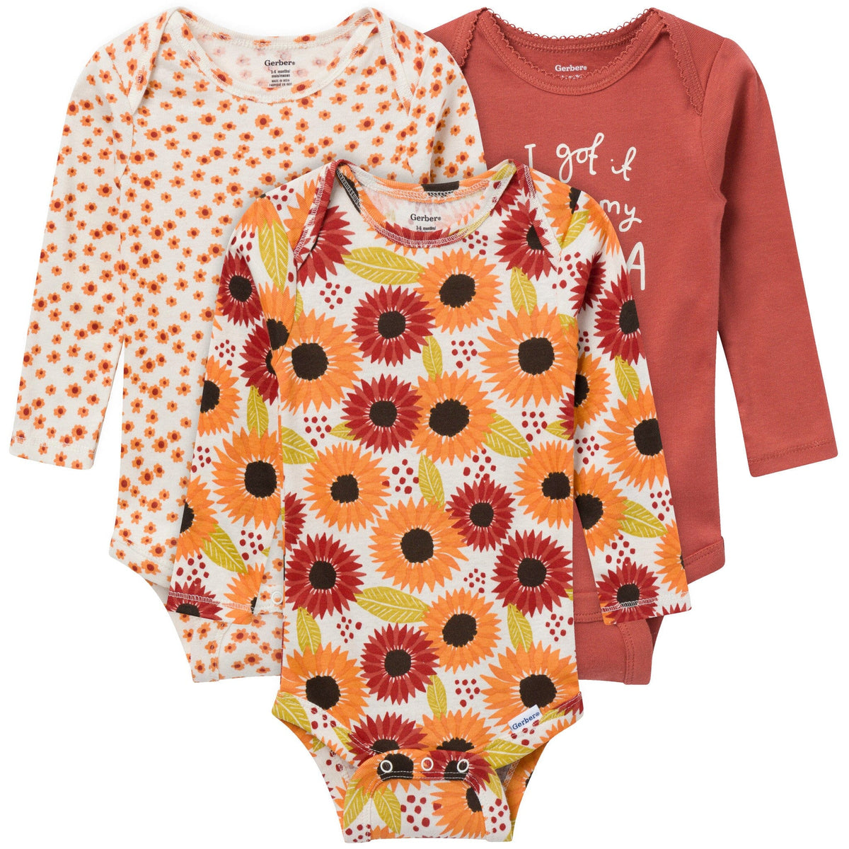 3-Pack Baby Girls Sunflower Long Sleeve Onesies® Bodysuits onesies Gerber® 