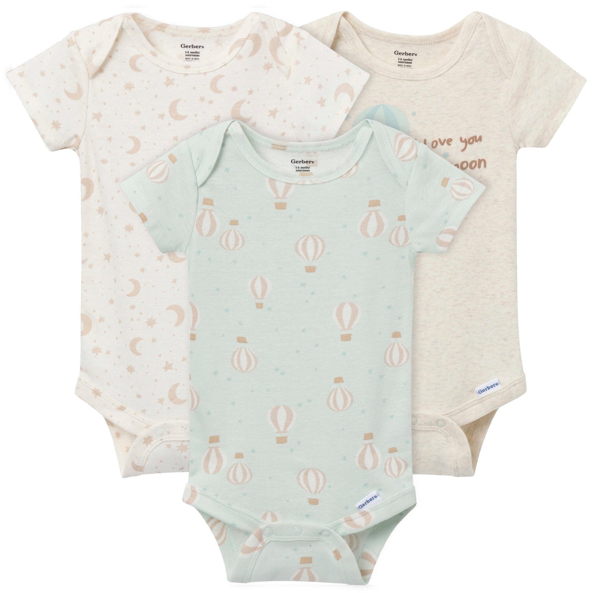 3-Pack Baby Neutral Hot Air Balloon Adventure Short Sleeve Onesies® Bodysuits onesies Gerber® 