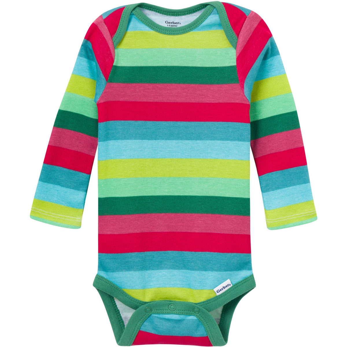 Colorful striped baby bodysuit on a white background