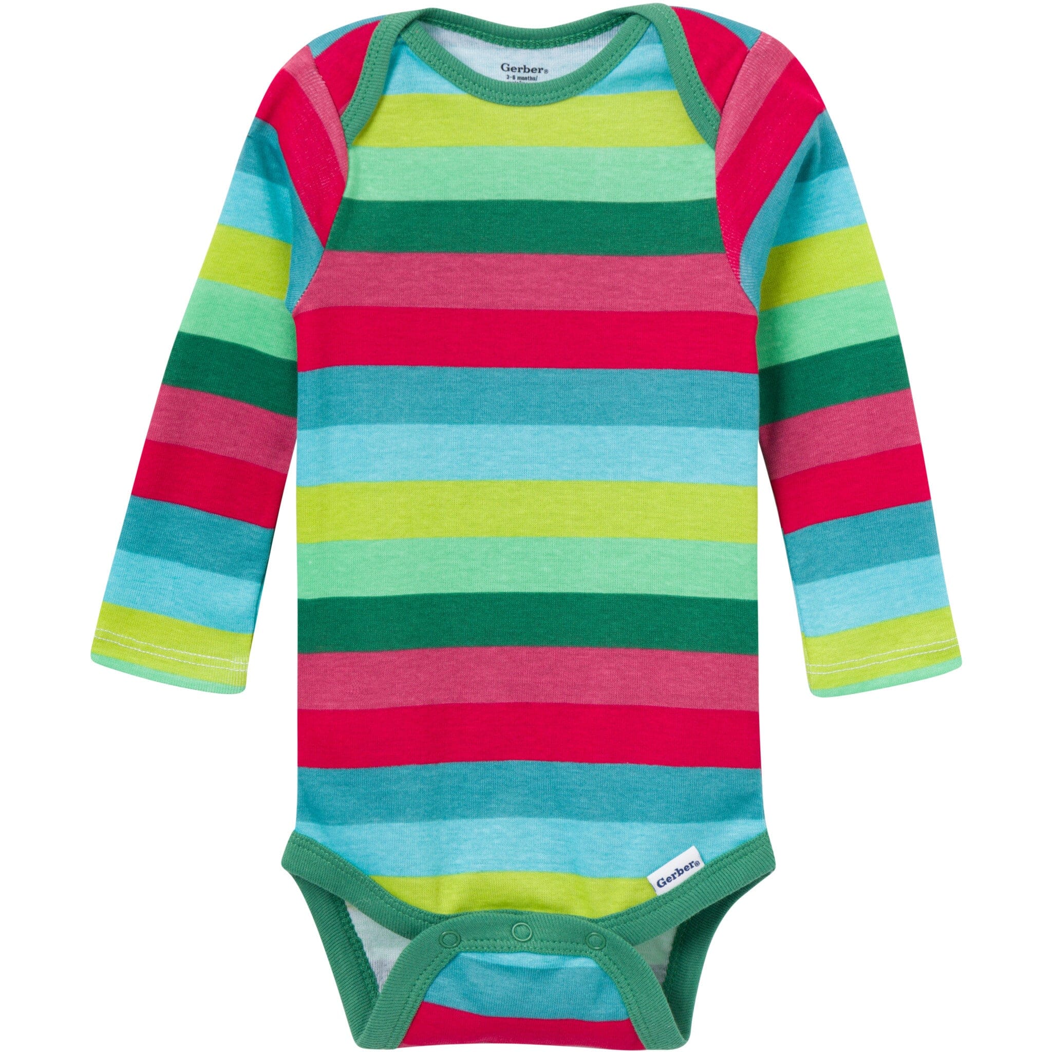 Colorful striped baby bodysuit on a white background