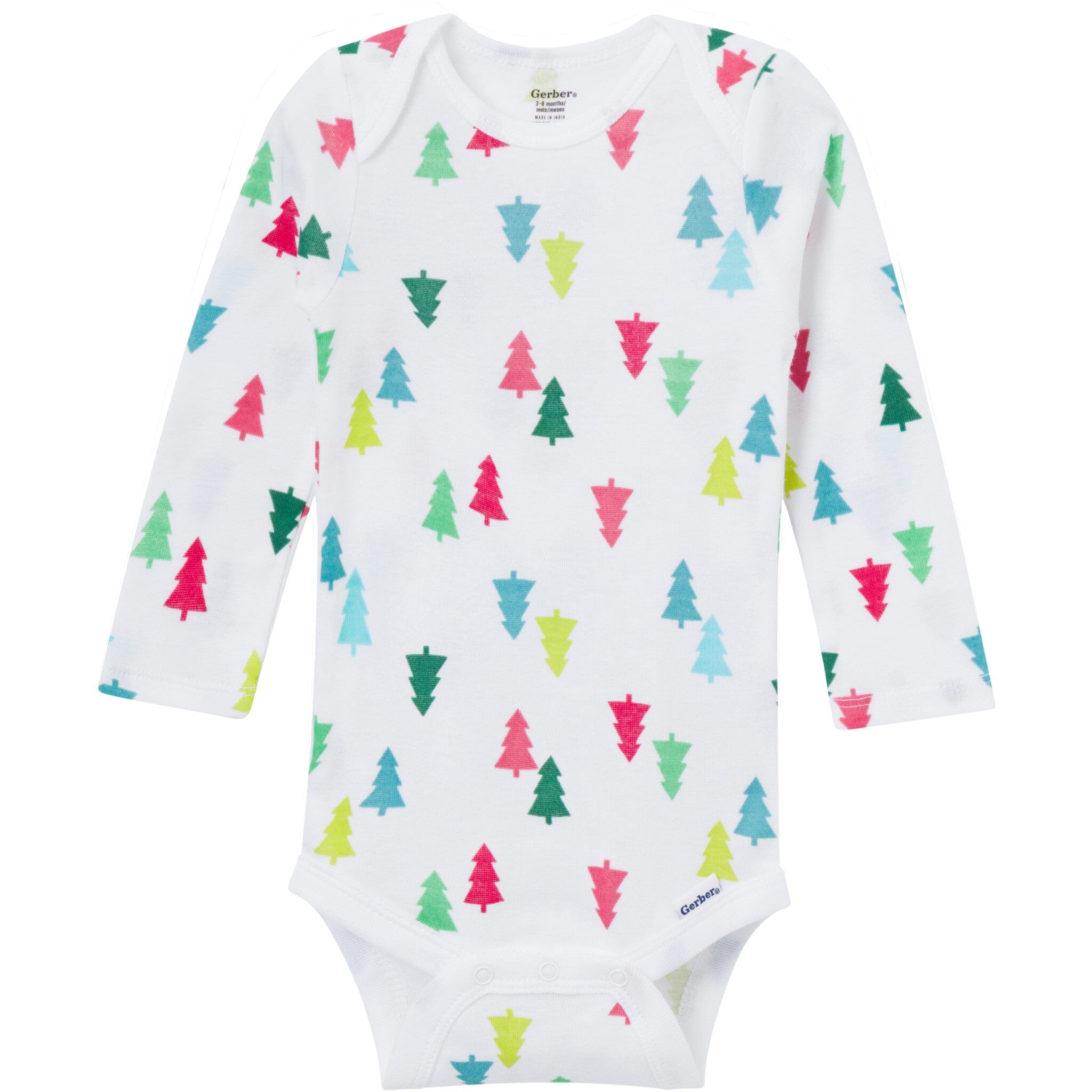 Baby onesie with colorful Christmas tree pattern on a white background