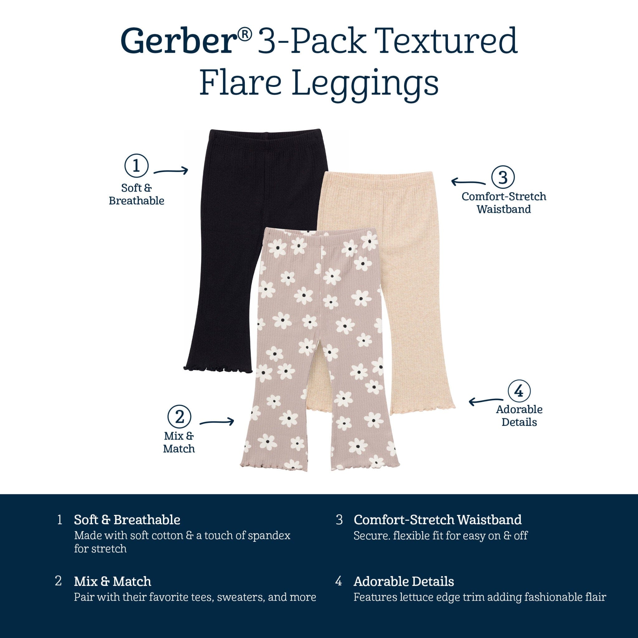 3-Pack Infant & Toddler Girls Brown Flowers, Oatmeal and Black Textured Flare Leggings bottoms Gerber® 