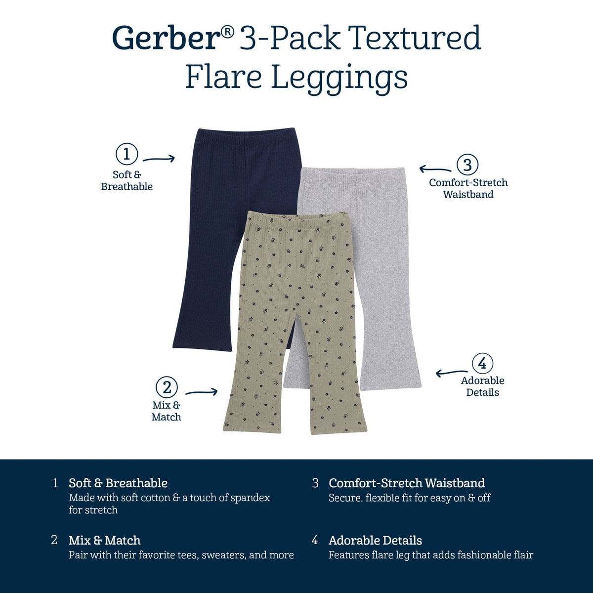 3-Pack Infant & Toddler Girls Green Daisies, Blue and Gray Ribbed Flare Leggings bottoms Gerber® 