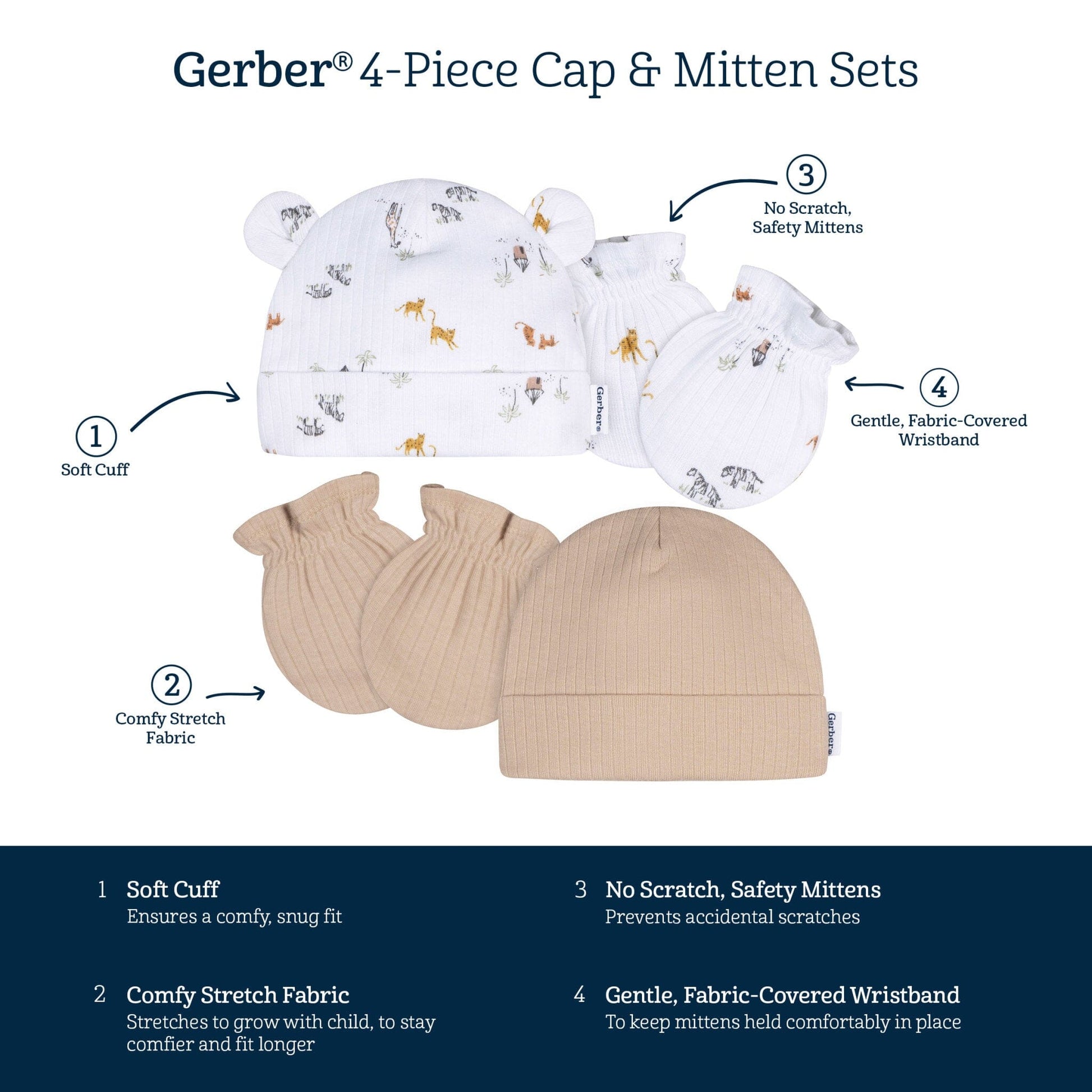 4-Piece Baby Neutral Safari Cap and Mitten Set Accessories Gerber® 