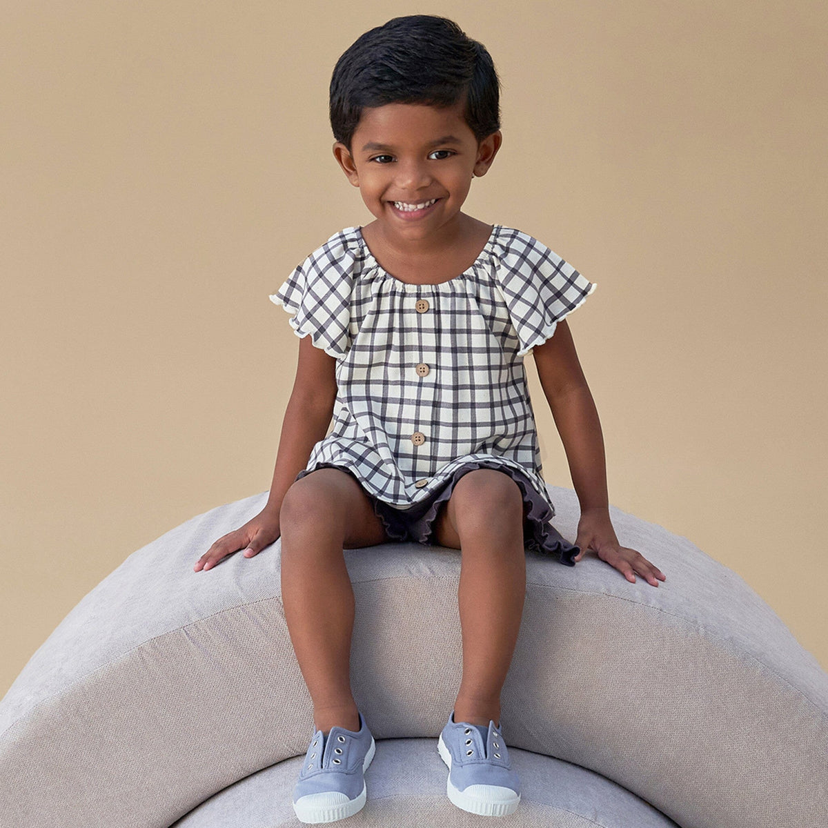 Infant & Toddler Girls Dark Grey Plaid Ruffle Sleeve Top Tops Modern Moments™ by Gerber® 