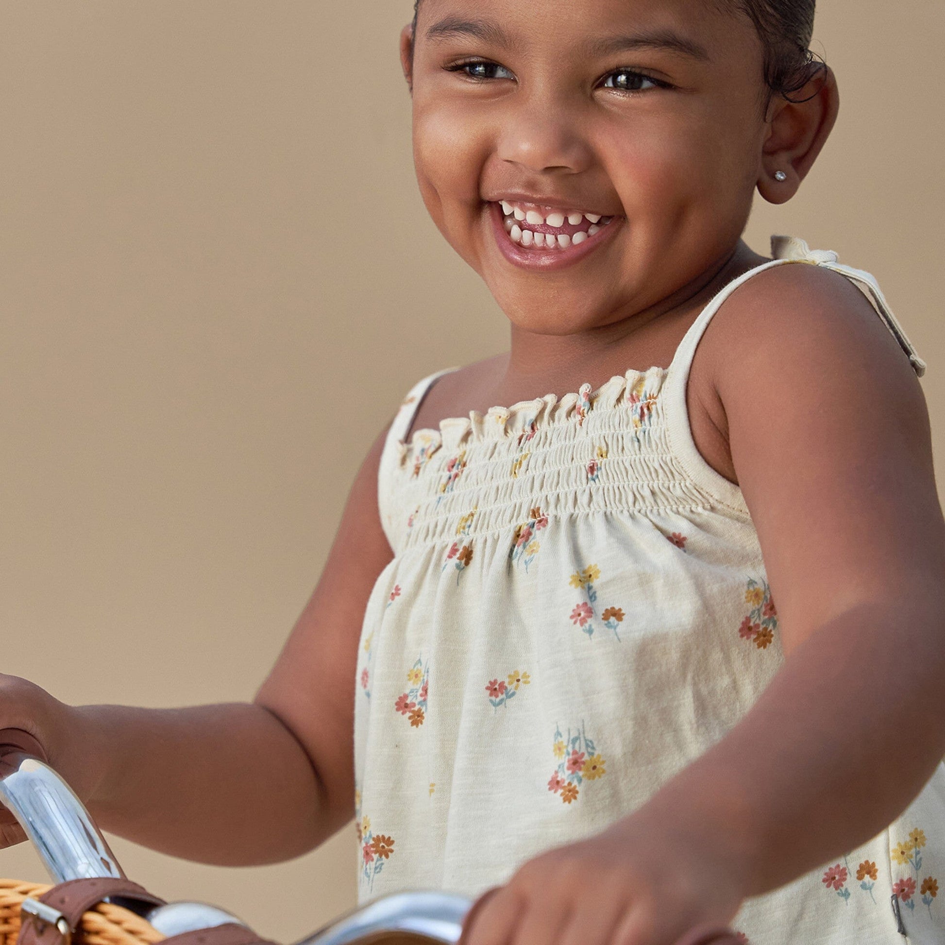 Infant & Toddler Girls Light Beige Flowers Smocked Sleeveless Top Tops Modern Moments™ by Gerber® 