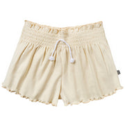 Beige shorts with a drawstring on a white background