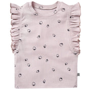 Pink baby outfit with ruffled sleeves and black strawberry pattern on a white background