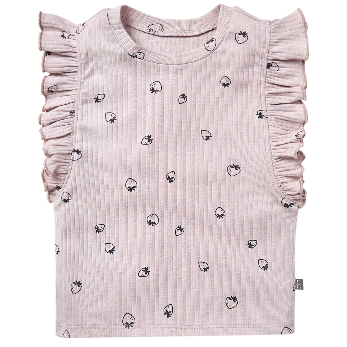 Pink baby outfit with ruffled sleeves and black strawberry pattern on a white background