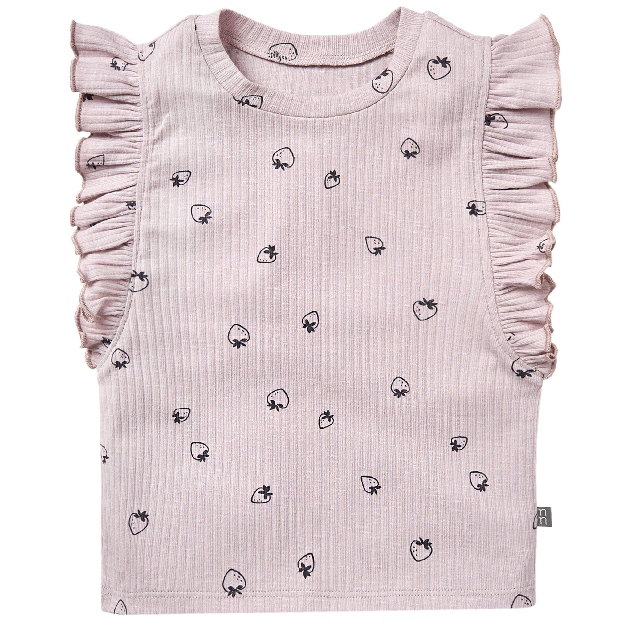 Pink baby outfit with ruffled sleeves and black strawberry pattern on a white background